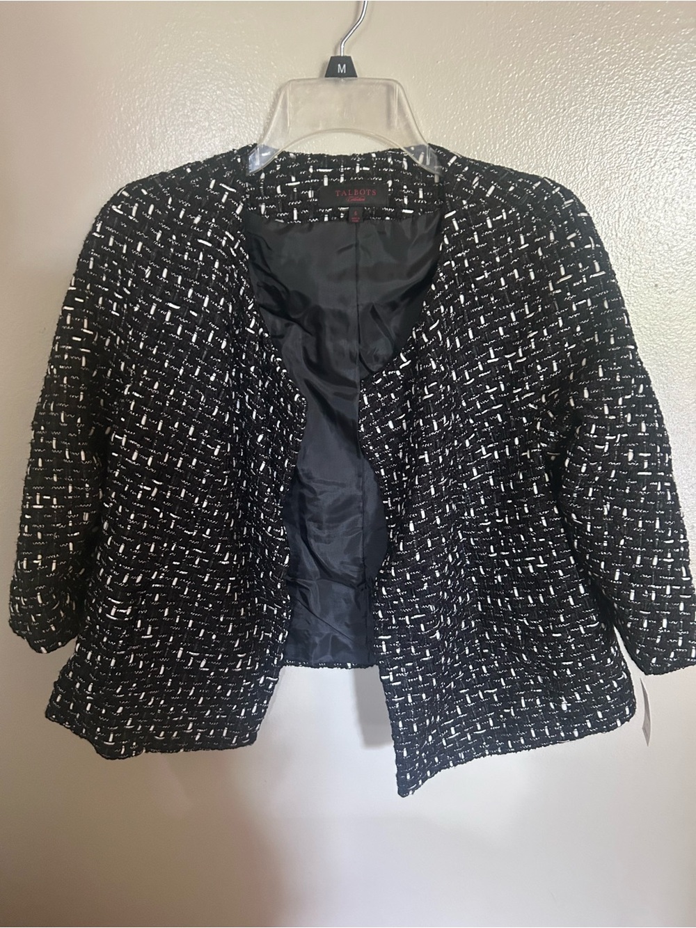 Talbots Collection Tweed Blazer Black White Open Front Jacket Cotton Linen Sz 6